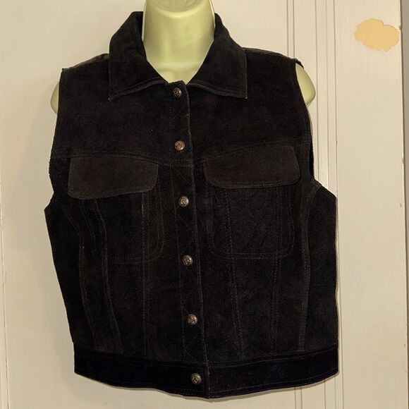 Vintage 80s/90s Mona Mode black suede leather vest with collar & pockets - Picture 1 of 9